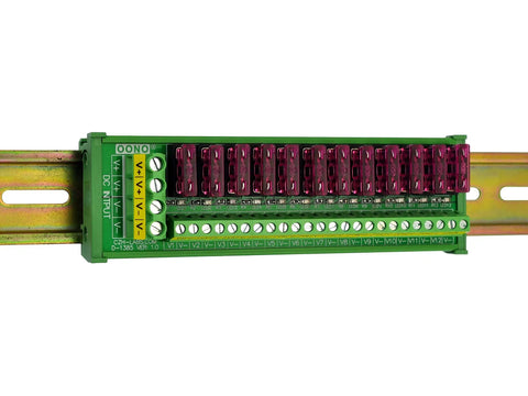 DC Power Fuse Distribution Strip Module 12 Channel DIN Rail Mount For 0 To 32V DC Systems, 30A Total Input, 3A Per Channel Factory Fuse 3A Replaceable Up To 10A Easy Wiring Industrial Grade Power Distribution Block on DIN rail