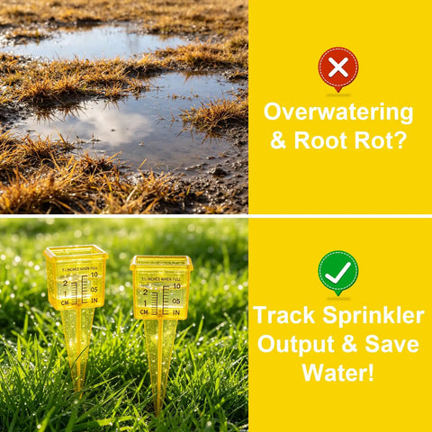 Four Pack Outdoor Rain Gauge With Wide Mouth 1.5 Inch Markings Ground Stake Yard Garden Sprinkler Irrigation Tool Easy Rainfall Readout For Lawn Care Pros High Visibility Yellow Weather Instrument in grass