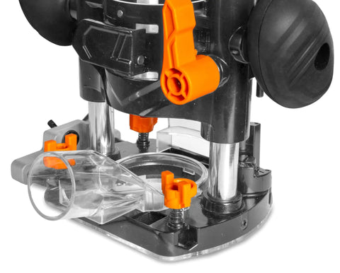 Plunge Base Kit For Compact Trim Routers With Die Cast Construction close-up showing plunge mechanism and handle detail