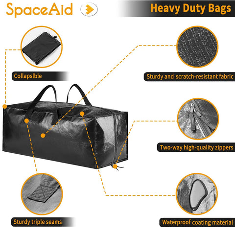 Heavy Duty Moving Bags 8 Pack Large Storage Totes with backpack straps, tough handles, zippers, coated PE weave, 86L capacity, details highlighted