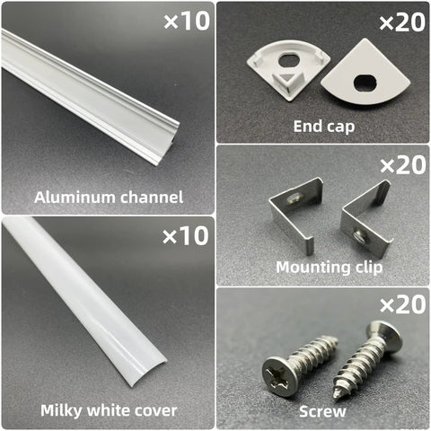 Collage of components for V Shape LED Aluminum Channel Kit 10 Pack 3.3ft Each with Milky Diffuser Cover, clips, screws, end caps.