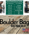 Electrician Tool Belt Set Max Combo With Comfort Back Support And Leather Belt Buckle, Heavy Duty Work Belt For 33 To 36 Inch Waists, Made In USA, Lightweight, Durable, Double Locking Rivets, Breathable Foam Back Padding, All Day Comfort with sizing chart and Boulder Bag logo.