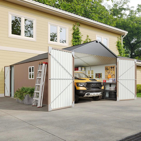 Beefy Heavy Duty Metal Storage Shed Outdoor Carport With Double Doors, Side Door And Windows, All Weather 12x20x9.3 Ft Garage Shed, vehicle inside
