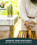 Beekeeping Starter Kit With Smoke Tool and Full Hive Essentials being used by beekeeper near hive with bee smoker on wooden surface