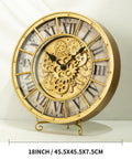 18 Inch Big Boy Gear Wall Clock With Smooth Rotating Cogs And Crisp Gold Roman Numerals viewed from the front, showcasing its intricate gears.