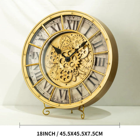 18 Inch Big Boy Gear Wall Clock With Smooth Rotating Cogs And Crisp Gold Roman Numerals viewed from the front, showcasing its intricate gears.
