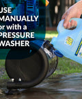 Person pouring Oxy Solve Deck And Fence Pressure Washer Cleaner Unscented Peroxide Power Lifts Stubborn Grime Sap And Oils