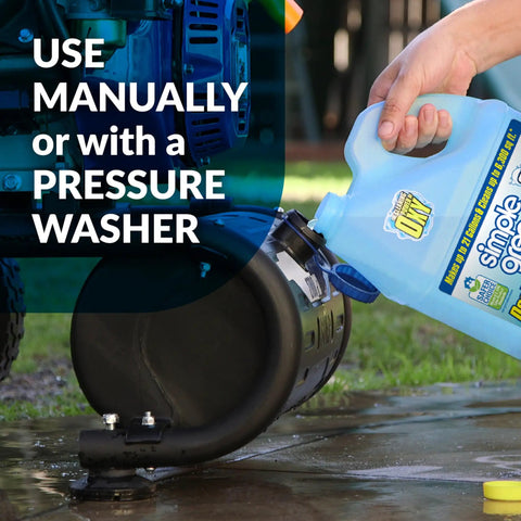 Person pouring Oxy Solve Deck And Fence Pressure Washer Cleaner Unscented Peroxide Power Lifts Stubborn Grime Sap And Oils