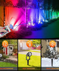 RGBW LED Color Changing Landscape Lights With Remote, 15W Outdoor Waterproof Spotlights illuminating garden, remote in hand