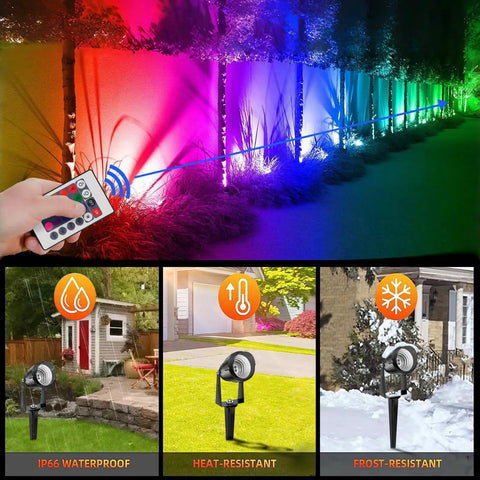 RGBW LED Color Changing Landscape Lights With Remote, 15W Outdoor Waterproof Spotlights illuminating garden, remote in hand