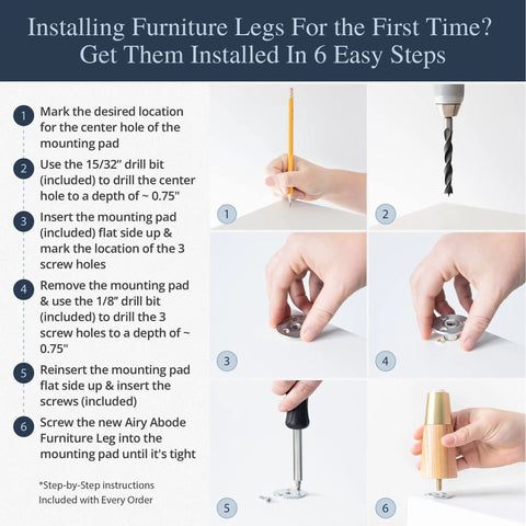 Instruction guide for installing Ash Wood Furniture Legs With Gold Caps Set Of 4 Complete Install Kit.