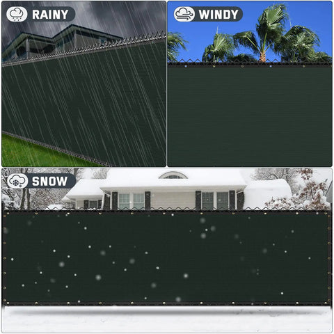 Chain Link Fence Privacy Screen 6x50ft Outdoor 90 Percent Privacy Cover For Backyard And Pool With 170GSM HDPE And Brass Grommets Easy Install Windproof And UV Resistant Fence Screen shown in rainy, windy, and snowy conditions.