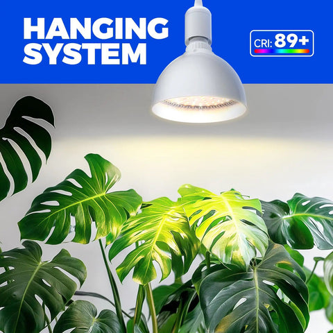 Next Level Heavy Duty Hanging Grow Light Bulbs For Indoor Plants 25W Full Spectrum illuminating lush green leaves.