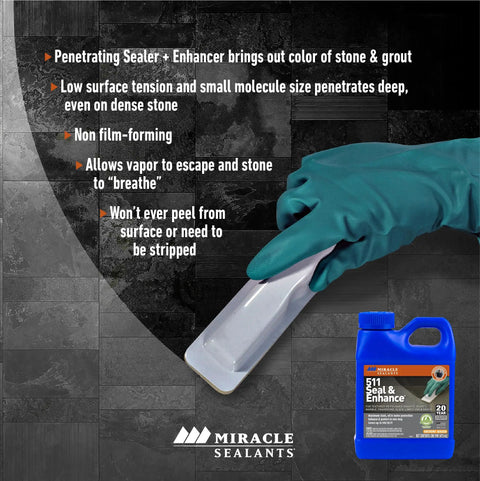 Seal And Enhance Premium Sealing Solution For Stone And Tile Ready To Use Impregnator That Elevates Color And Delivers Maximum Stain Protection For Indoor And Outdoor Surfaces Great For Grout And Porous Stone Pint shown with application on tile