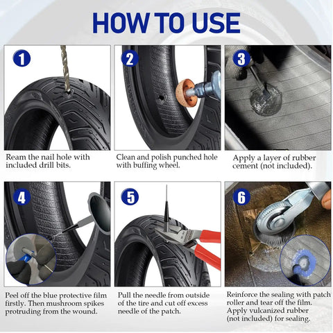 Instructions on using the Tire Repair Patch Kit With 24 Patch Plugs, Patch Roller, Buffing Wheel, 4 Mm Twist Drill Bits And Hex Shank Bits For Vehicle, Cars And Trucks, Ultimate DIY Car Emergency Fix