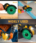 4 Inch Cordless Cut Off Tool For DeWalt 20V Pro Grade Brushless Motor in use cutting wood, PVC, metal, and tile.