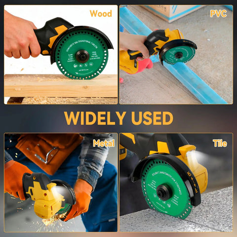 4 Inch Cordless Cut Off Tool For DeWalt 20V Pro Grade Brushless Motor in use cutting wood, PVC, metal, and tile.