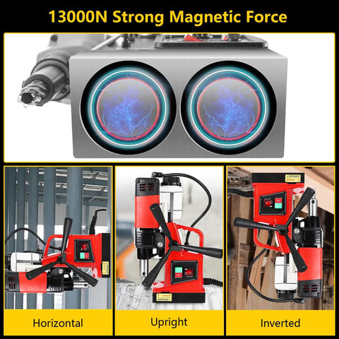 Gootophill Magnetic Drill Press 110V Double Track 1300W Portable Heavy Duty Metal Boring Tool With 810RPM Speed And 1.6 Inch Capacity strong magnetic base in various positions