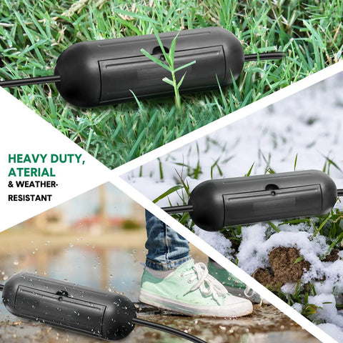 16 Pack Outdoor Extension Cord Safety Capsule Protectors for Holiday Lights in grass and snow, showing waterproof design
