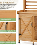 Close-up of Large Outdoor Potting Bench With Storage Cabinet And Shelf Planting Console For Patio Lawn Garden Pro Grade Fir Wood Workstation Built To Last Durable Finish And Easy Assembly, highlighting fir wood and details.