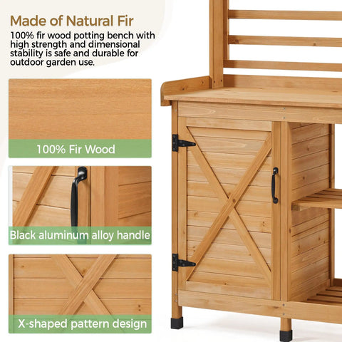 Close-up of Large Outdoor Potting Bench With Storage Cabinet And Shelf Planting Console For Patio Lawn Garden Pro Grade Fir Wood Workstation Built To Last Durable Finish And Easy Assembly, highlighting fir wood and details.
