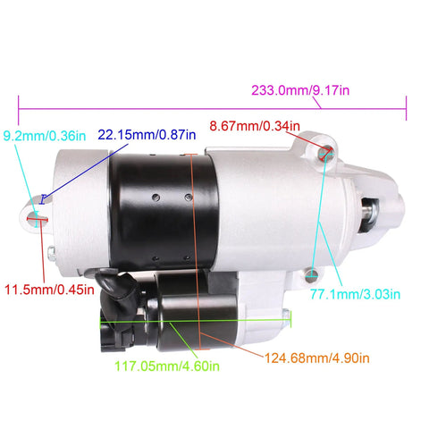 Outboard Starter Motor for Yamaha 115HP To 300HP Boats with size dimensions labeled in millimeters and inches
