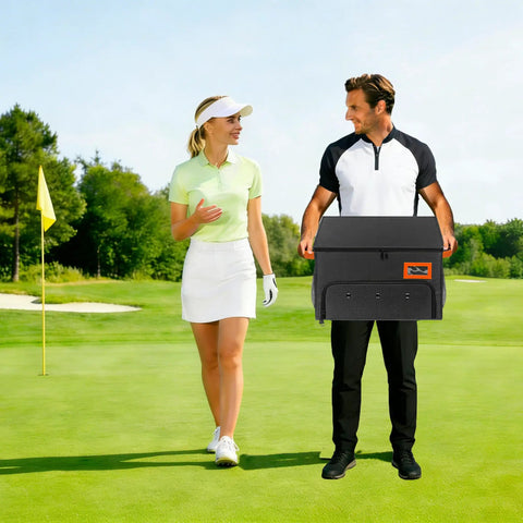 Man holding 2 Layer Golf Trunk Organizer With 2 Shoe Compartments on golf course, green background, casually dressed golfers