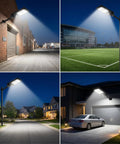 2 Pack Solar Street Light 180000 Lumens Outdoor LED Flood Light with Light Control and PIR Motion Sensor illuminating various outdoor areas.