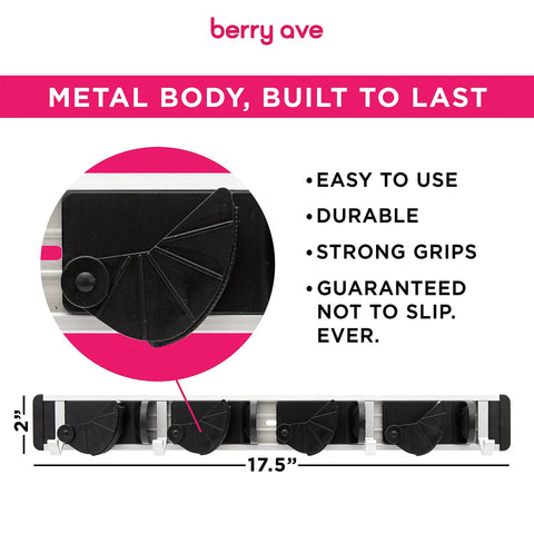 Beefy Heavy Duty Broom Wall Mount Organizer With Four Slots And Four Hooks, metal body detail, 17.5 inches wide