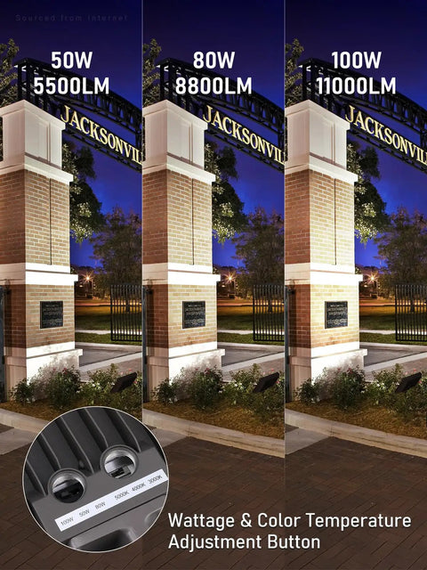 Beast Mode Adjustable LED Flood Light Outdoor With Knuckle Mount 50W/80W/100W, 120/277V, IP65 Waterproof showcasing different wattage outputs