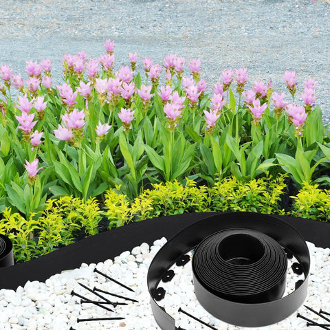 Six Inch By Fifty Foot Landscape Edging Kit Plastic Border for Lawn Garden and Yard with pink flowers and white stones
