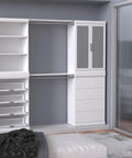 Slick White Modular Storage Organizer Kit With Adjustable Hanging Rods Roomy Shoe Cubbies Four Stackable Drawers Three Tier Shelving And Secure Door Cabinet in modern room.