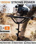 Beast 52cc Gas Powered Earth Auger with 1800W peak output, digging soil, showing power equivalent to 5 manpower.