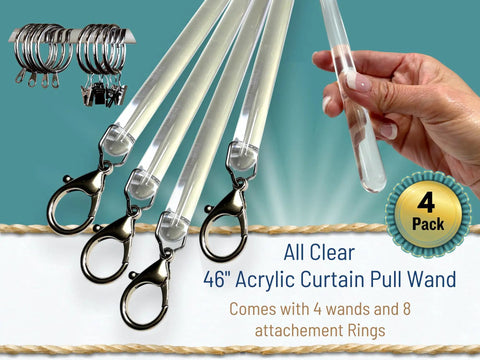 46 Inch All Clear Acrylic Curtain Pull Wand Set Four Pack Durable Clear Drape Rod Pulls For Windows Easy Install And Clean Simple Slick Look With Impact Resistant And Weather Resistant Build, 4 pack with rings