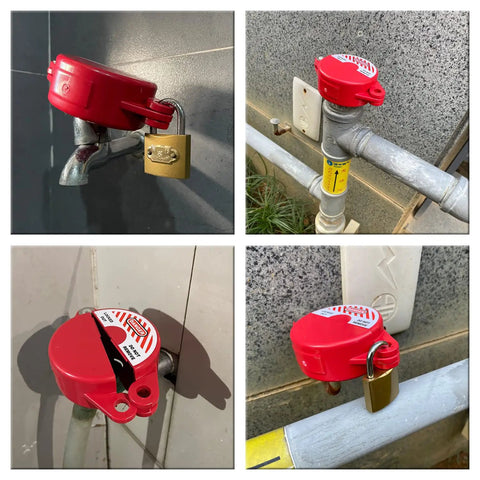 Gate Valve Lockout Kit Two Pack One To Two And A Half Inch Diameter Outdoor Red Locks installed on hose bibs and faucets