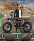 Full Throttle Moped Style Electric Bike Delivering Serious Kick With Dual Motors And Epic Peak Three Thousand Watt Punch Low Step Frame Vintage Quilted Leather Seat Smart Dashboard Built For Smooth Street Cruising And Daily Adventures, showcasing dimensions and seat height.