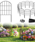 19 Pack Decorative Garden Fence Panels Set installed around flower beds with a dog running nearby.