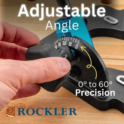 Close-up of Handy Drill Guide For Hand Drills Portable Drill Press Adapter showing 0 to 60 degree adjustable angle protractor.