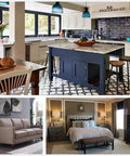 Modern kitchen with dark cabinets, dining table with bread, beige sofa in living room, and elegant bedroom with decorative pillows.