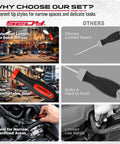 Comparison of 14 piece pick and hook tool set with long picks for narrow spaces and others' limited reach and bulky grip.