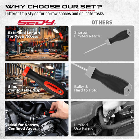 Comparison of 14 piece pick and hook tool set with long picks for narrow spaces and others' limited reach and bulky grip.