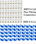 50 RJ45 pass-through connectors and 50 covers for Cat5e, part of the RJ45 Pass Through Crimping Tool Kit For Cat6 Cat5e Cat5.