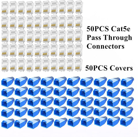 50 RJ45 pass-through connectors and 50 covers for Cat5e, part of the RJ45 Pass Through Crimping Tool Kit For Cat6 Cat5e Cat5.