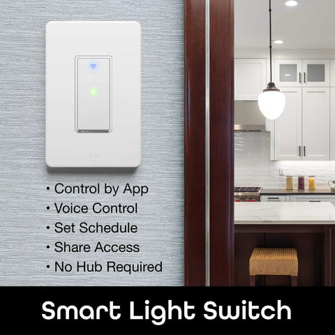 Kitchen scene with 4 Pack Smart WiFi Light Switch No Hub Needed, Works With Alexa And Google Assistant, mounted on wall.