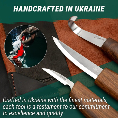Solid Spoon Carving Kit With Dang Sharp Hook And Chip Knives Delivering Knockout Sloyd Whittling Experience featuring two sharp knives on leather.