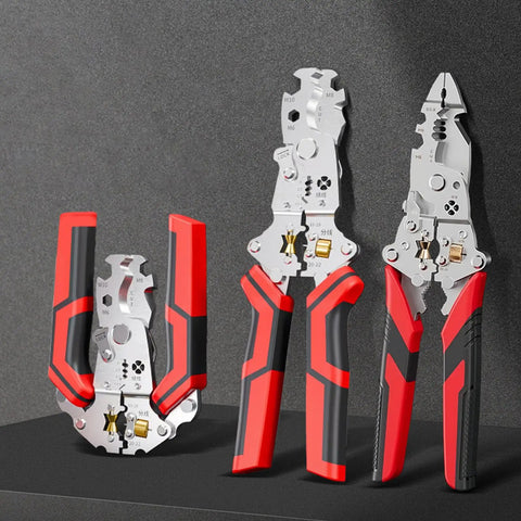 Heavy Duty 12 in One Multi-Tool Wire Stripper For Car Wiring And Electric Jobs Folding Crimping Pliers displaying ergonomic handles.