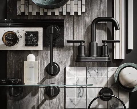 Gibson Two Handle Centerset High Arc Modern Bathroom Faucet With Drain Assembly Matte Black Finish against a tiled backdrop