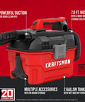 Cordless Shop Vac Vacuum Cleaner Wet And Dry 2 Gallon Tank With 7 Foot Hose Bare Tool Only, red design, 7.8 ft hose