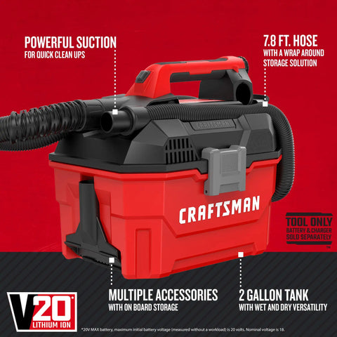Cordless Shop Vac Vacuum Cleaner Wet And Dry 2 Gallon Tank With 7 Foot Hose Bare Tool Only, red design, 7.8 ft hose