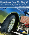 All-In-One 68-Piece Ride-Ready Heavy Duty Tire Repair Kit For Cars, Motorcycles, Trucks, SUVs, RVs And Trailers with tools displayed